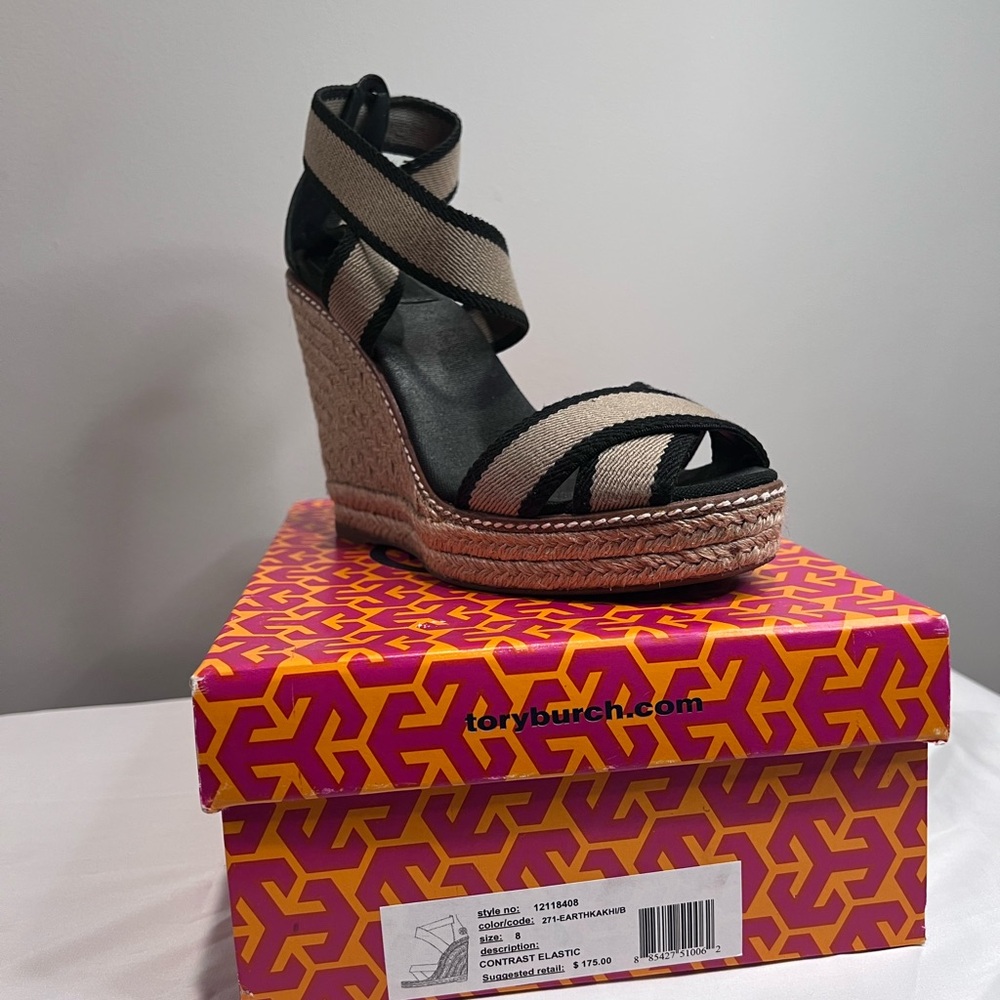 Tory Burch Black and Cream Wedge Sandals